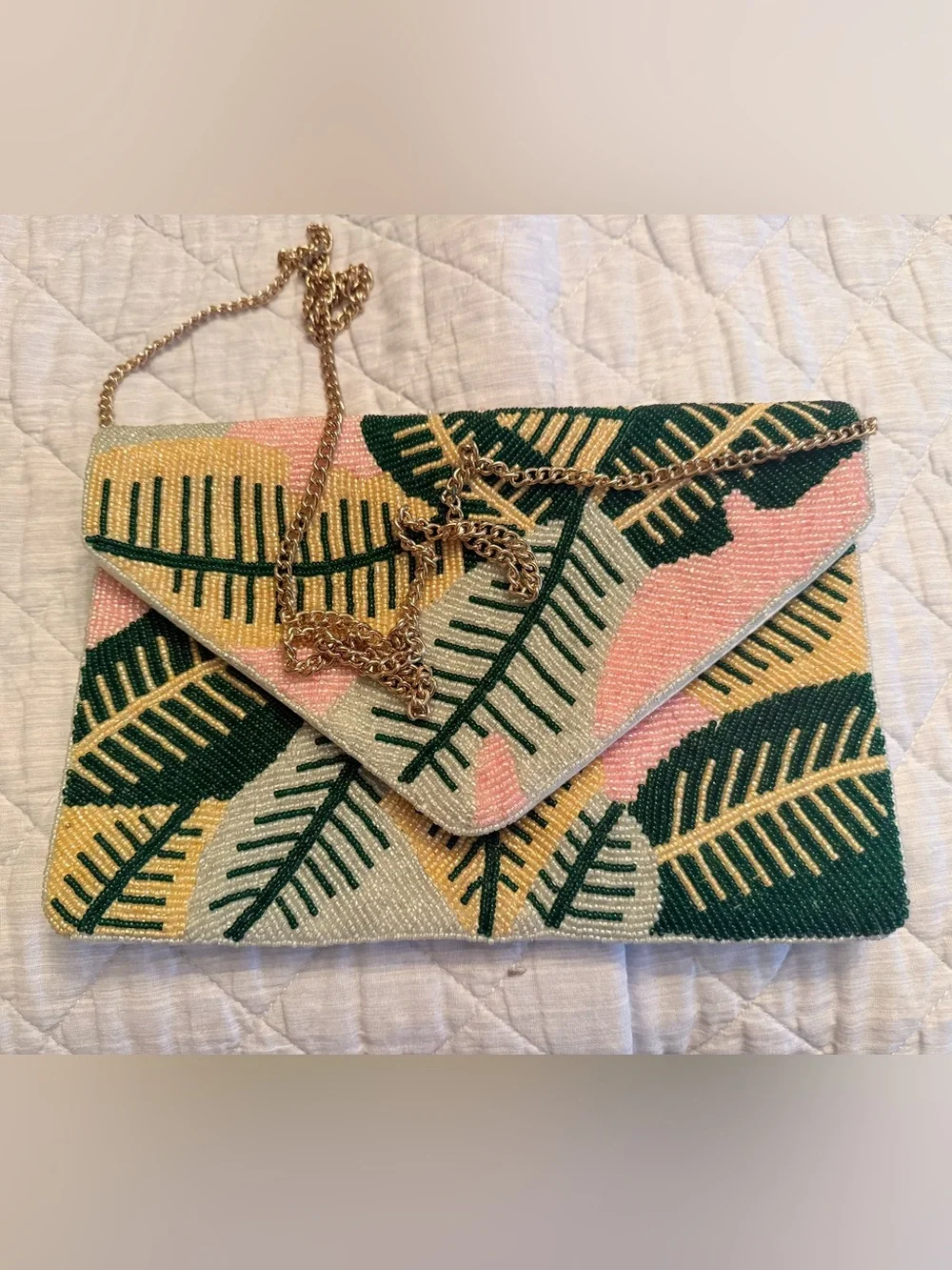 Womens Beaded Leaf Envelope Clutch - Pink & Green